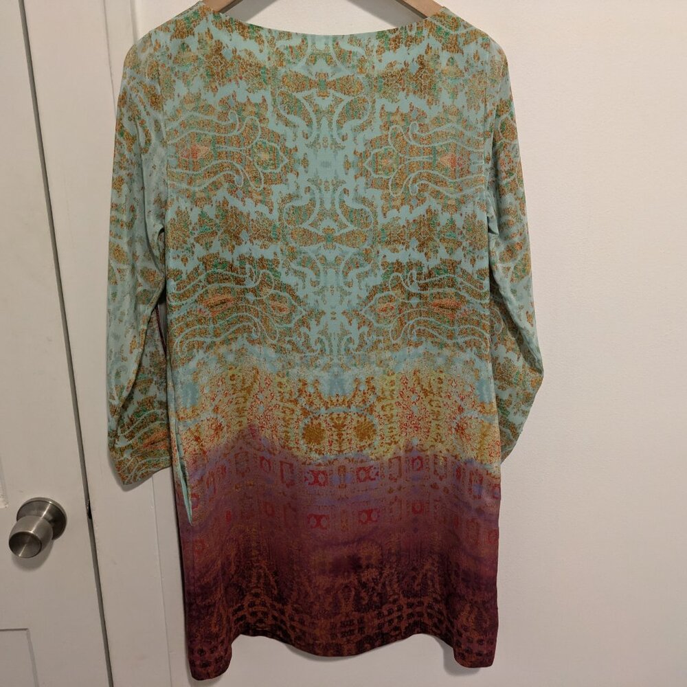 Anthropologie Maeve "Cleome" Turquoise Ombre Silk Open Sleeve Shift Dress - Picture 9 of 11